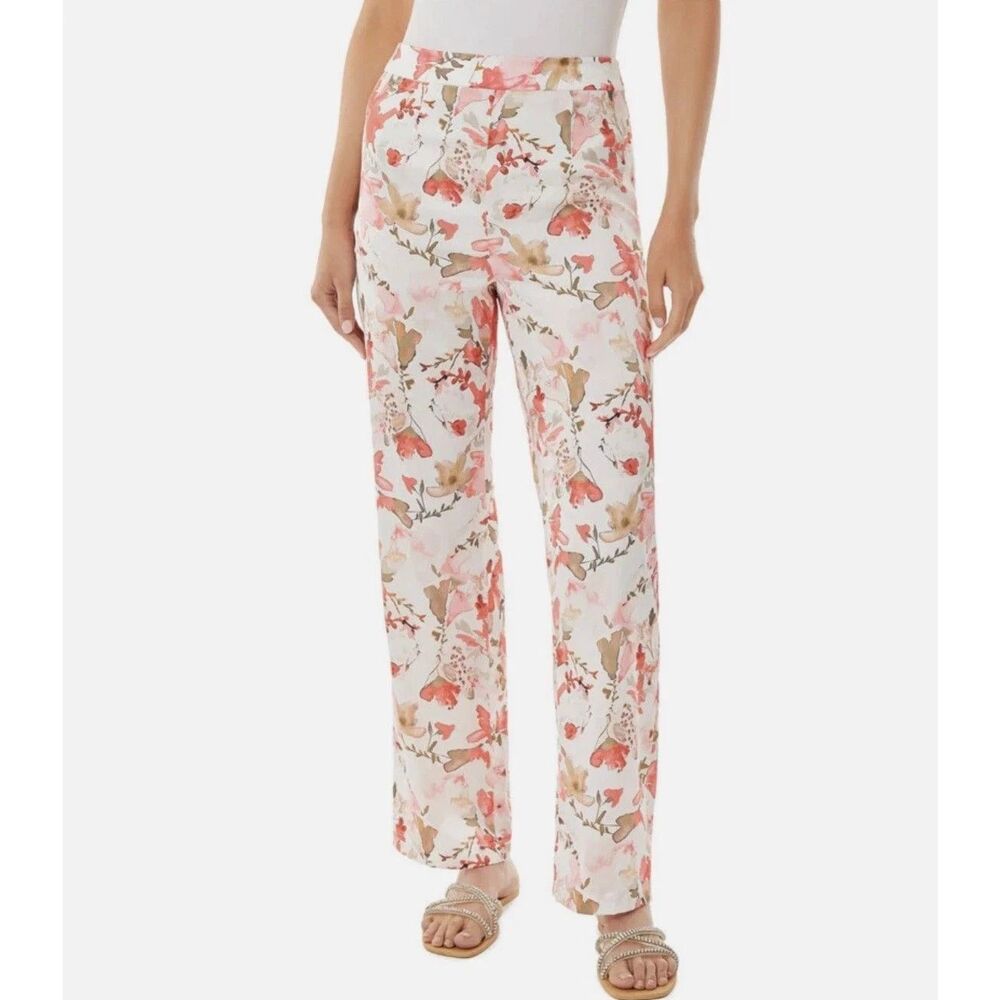 MING WANG Floral High Rise Wide Leg Side Zip Satin Pants Feminine SIZE MEDIUM